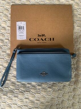 Coach Pebbled Leather Zip Wallet in Dusty Blue with Silver Logo